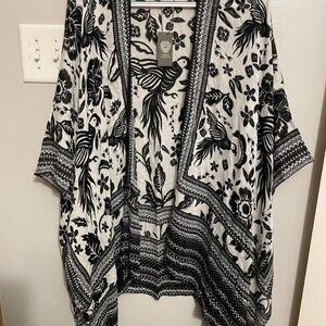 Vince Camuto Floral Black and White 3/4 Sleeve Tassel Kimono Cardigan - One Size